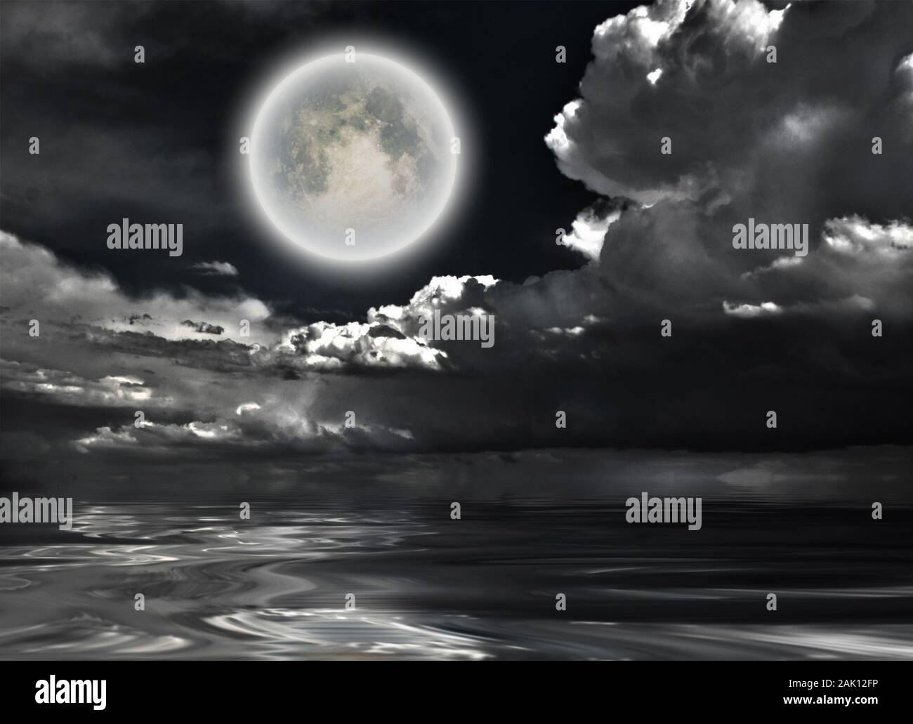 Full Moon Dramatic Clouds Reflected In Calm Water Stock Photo Alamy