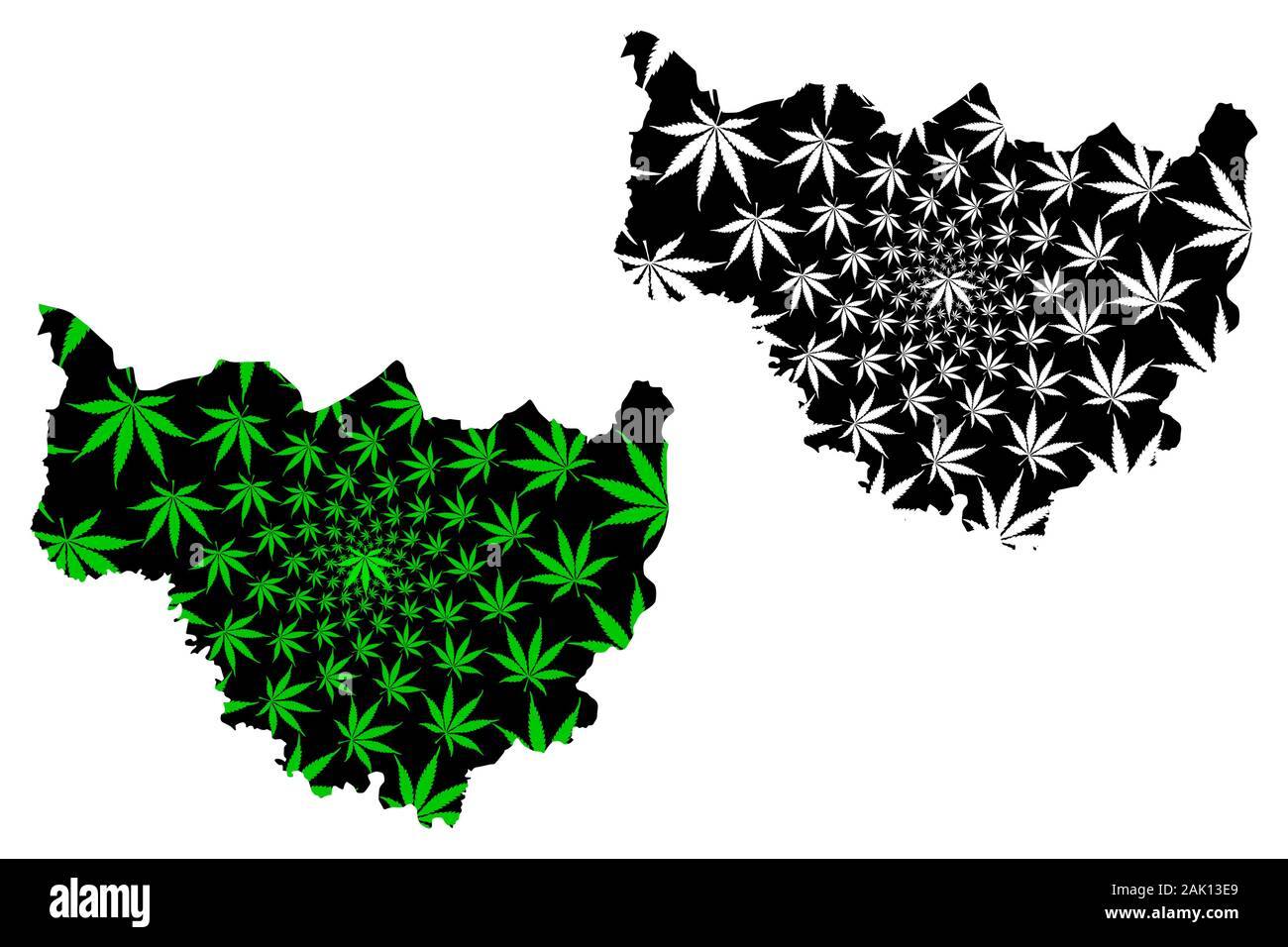 Cascades Region (Regions of Burkina Faso, Burkina Faso) map is designed cannabis leaf green and black, Cascades map made of marijuana (marihuana,THC) Stock Vector