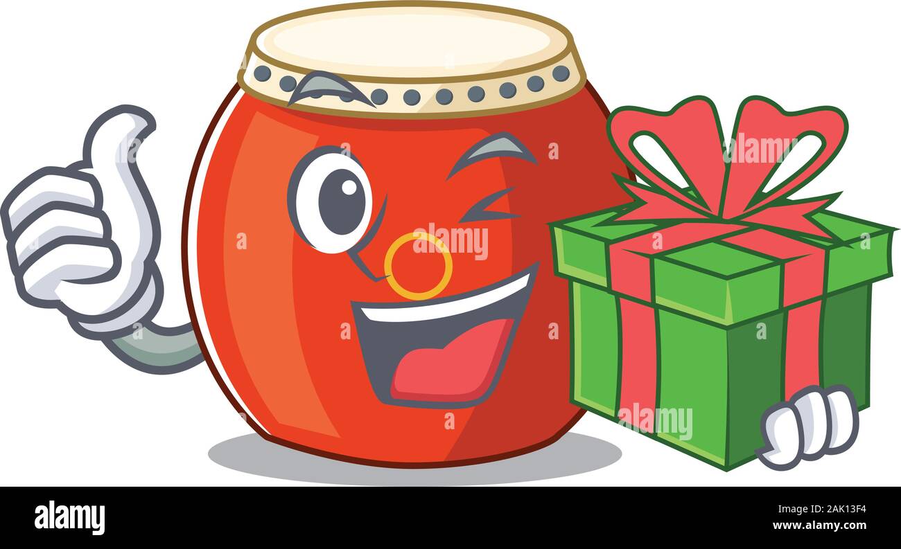Smiley chinese drum character with gift box Stock Vector