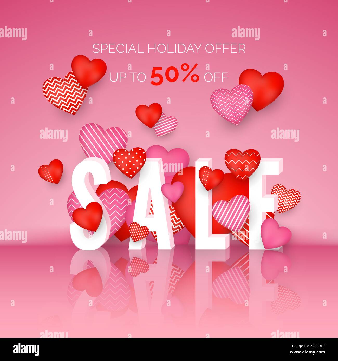 Valentines day Sale. Poster with holiday discount offer. February store promo. Valentine Day banner with red and pink hearts. Vector Stock Vector
