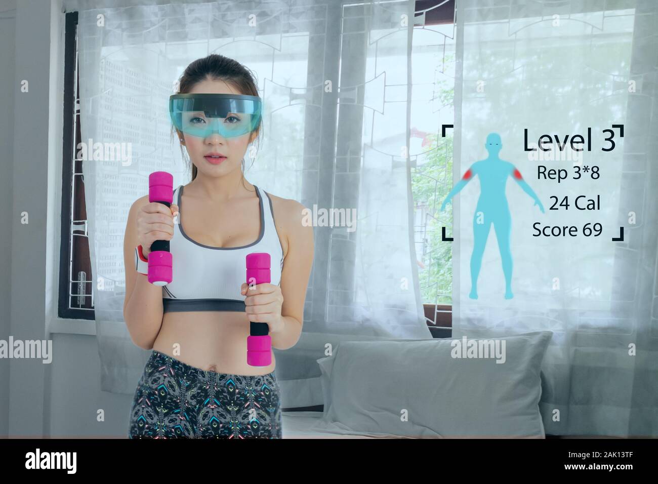sport girl use augmented mixed virtual reality to exercise combine
