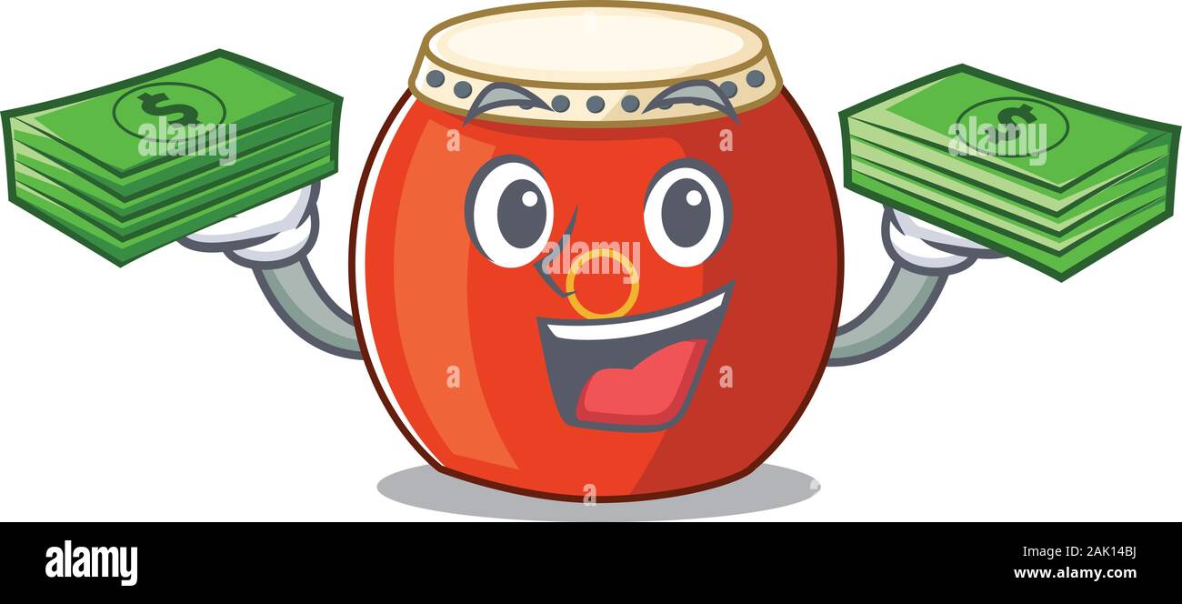 happy rich chinese drum character with money on hands Stock Vector