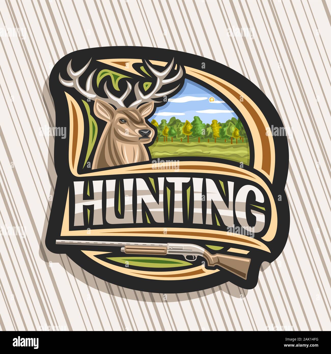 Vector logo for Hunting, black decorative sticker with illustration of white-tailed deer head on trees background, original lettering for word hunting Stock Vector