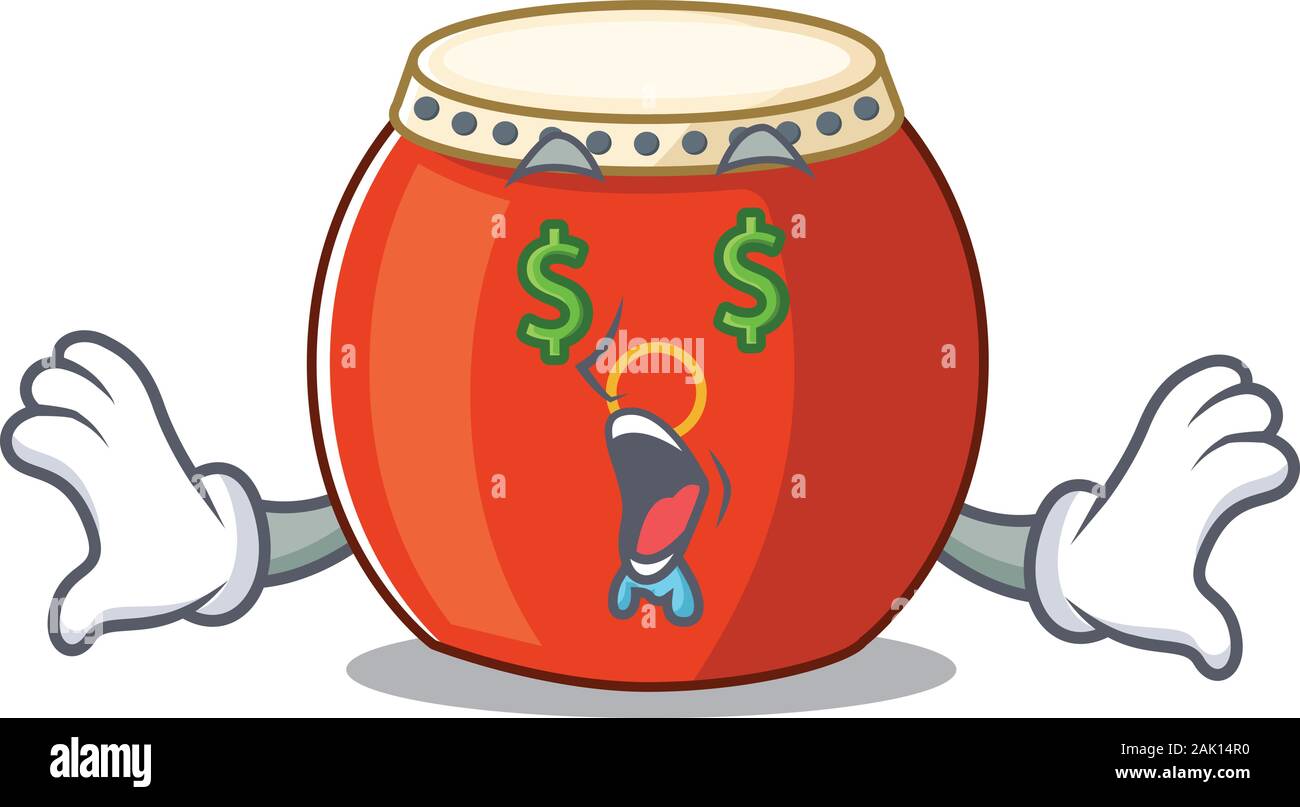 Happy rich chinese drum with Money eye cartoon character style Stock Vector
