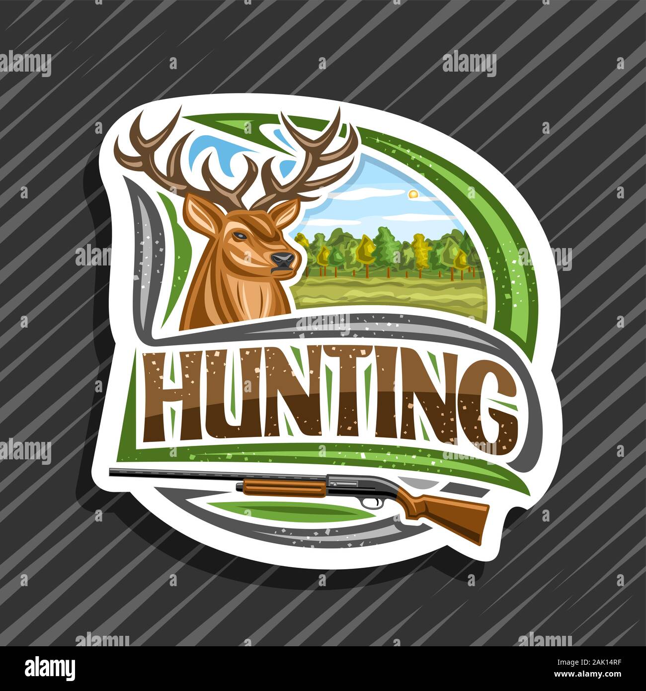 Vector logo for Hunting, decorative cut paper label with illustration of white-tailed deer head on trees background, original typeface for word huntin Stock Vector