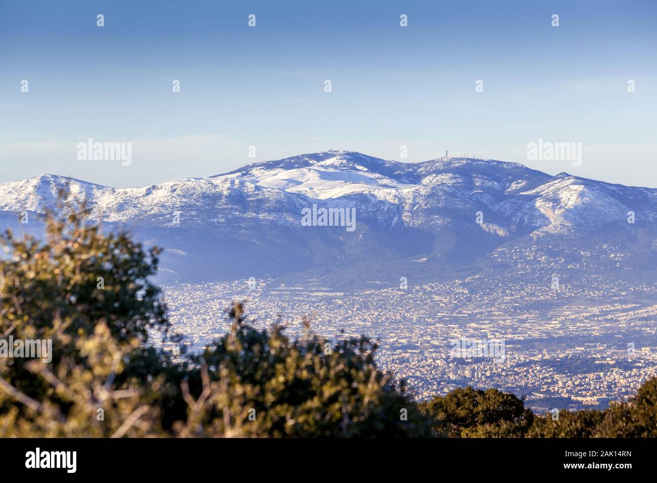 Snow over Mount Parnitha, in Athens, Greece, Europe Stock Photo