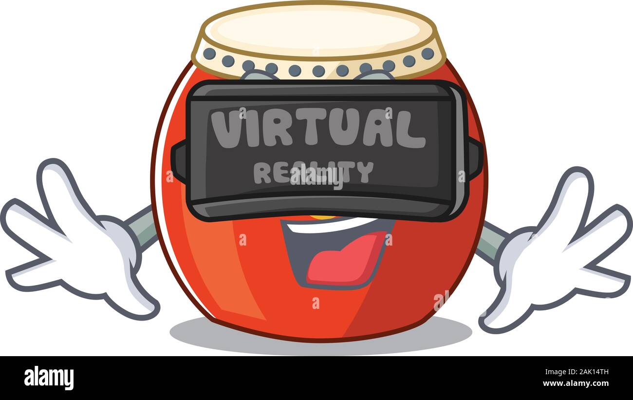 Trendy chinese drum character wearing Virtual reality headset Stock Vector