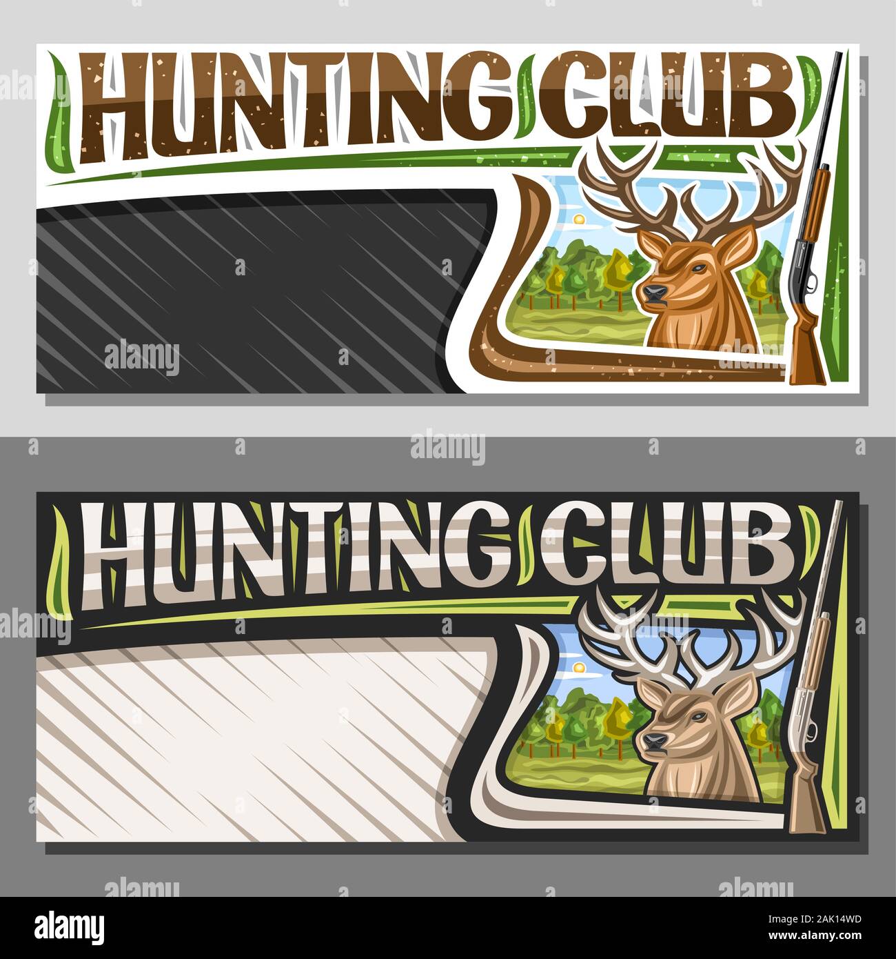 Vector layouts for Hunting Club with copy space, decorative hunt sign board with illustration of white-tailed deer head on fall trees background, orig Stock Vector