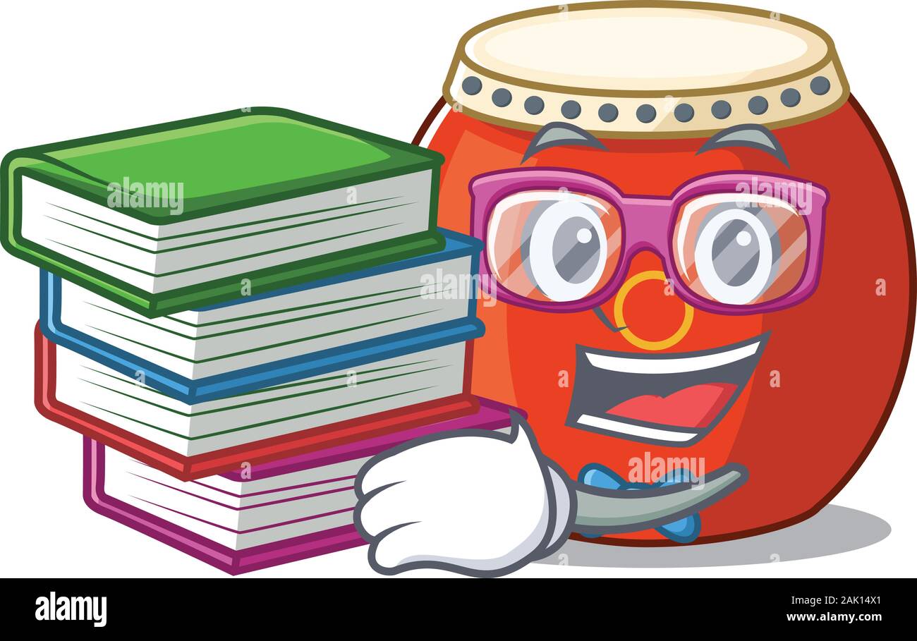 Cool and clever Student chinese drum mascot cartoon with book Stock Vector