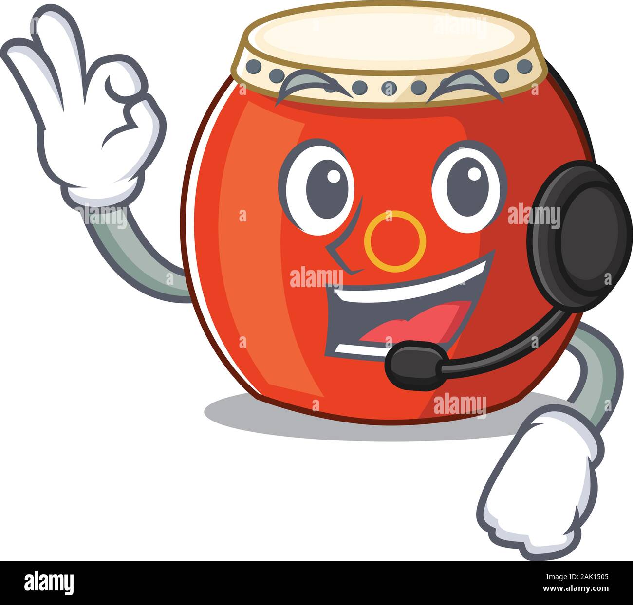 Smiley chinese drum cartoon character design wearing headphone Stock Vector