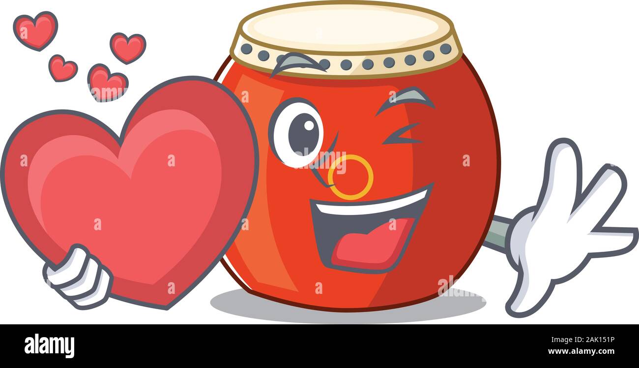 Funny Face chinese drum cartoon character holding a heart Stock Vector