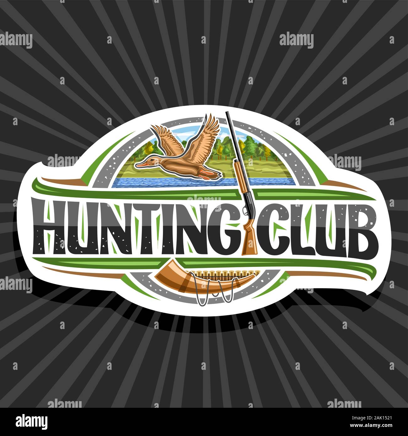 Vector logo for Hunting Club, decorative sign board with illustration of flying female duck on trees background and old rifle, modern symbol for duck Stock Vector