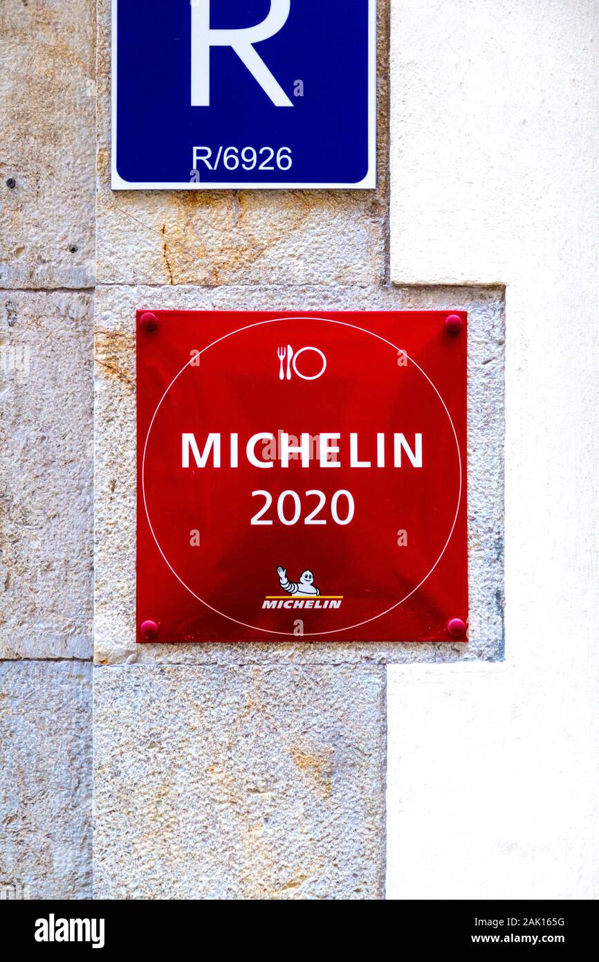 Michelin Guide 2020 sign at the front of a restaurant, Palma, Mallorca, Spain Stock Photo