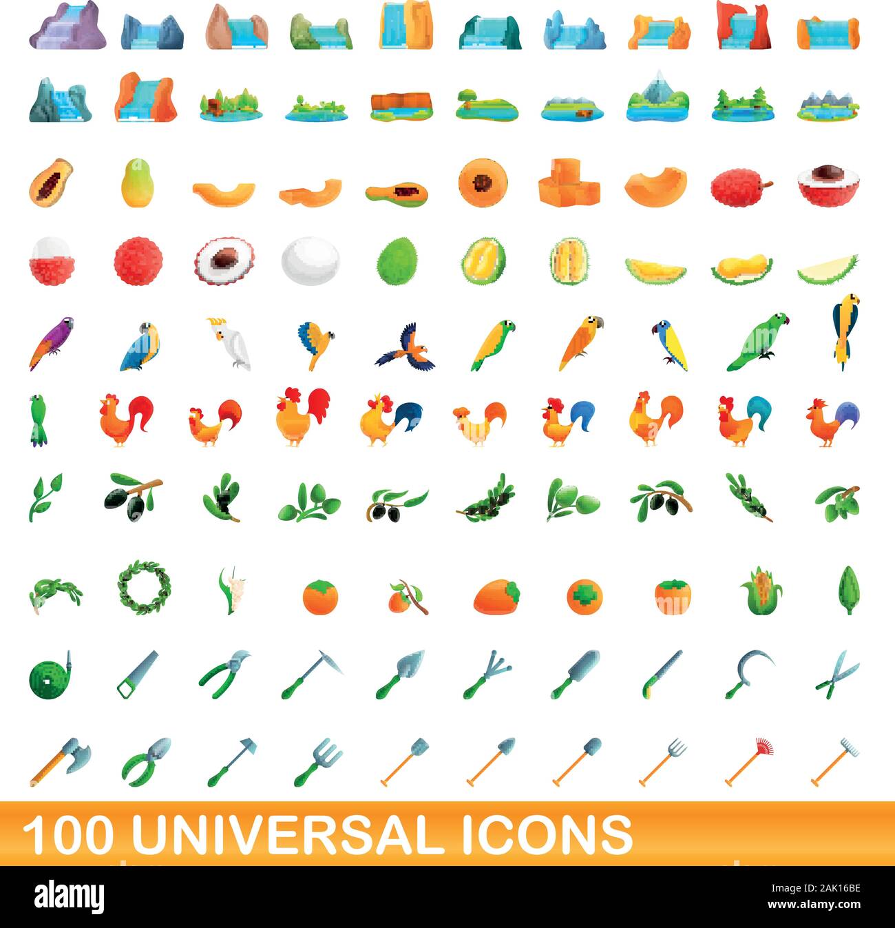 100 universal icons set. Cartoon illustration of 100 universal icons vector set isolated on white background Stock Vector