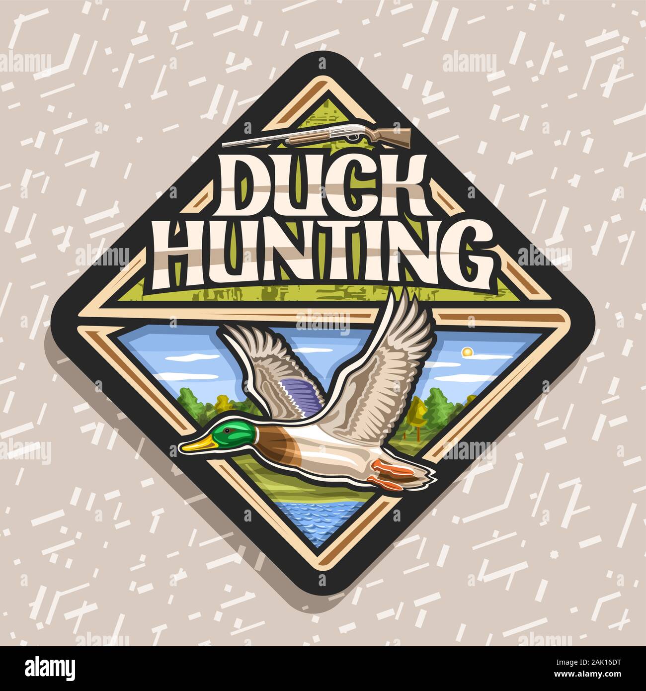 Vector logo for Duck Hunting, decorative rhomb tag with illustration of flying male duck on trees background and old rifle, trendy signage for hunt cl Stock Vector