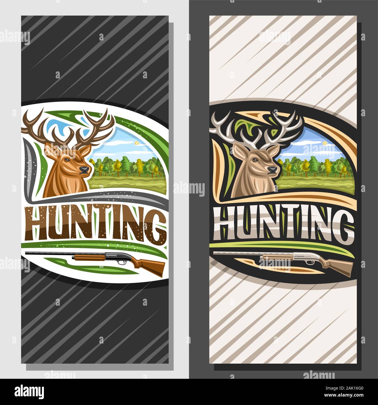Vector layouts for Hunting, decorative leaflet with illustration of white-tailed deer head on autumn trees background, original typeface for word hunt Stock Vector