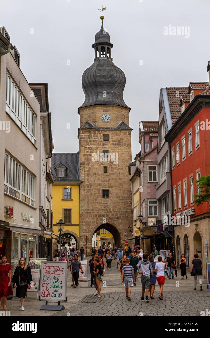The Judentor gated entrance to the Old Town of Coburg, Bavaria, Germany. Stock Photo