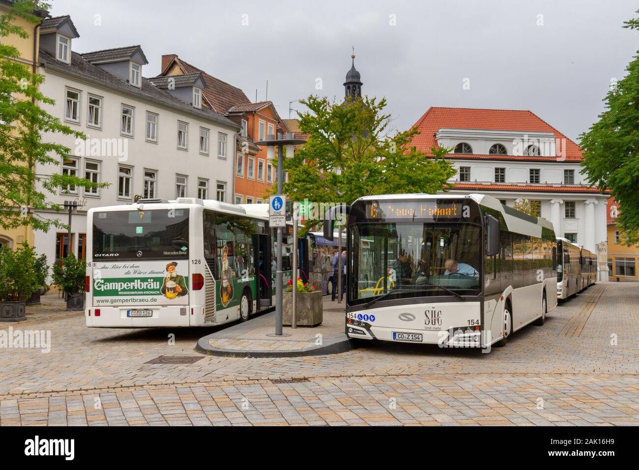 The Theaterplatz bus station beside Spielplatz, in Coburg, Bavaria, Germany. (see notes for German efficiency) Stock Photo