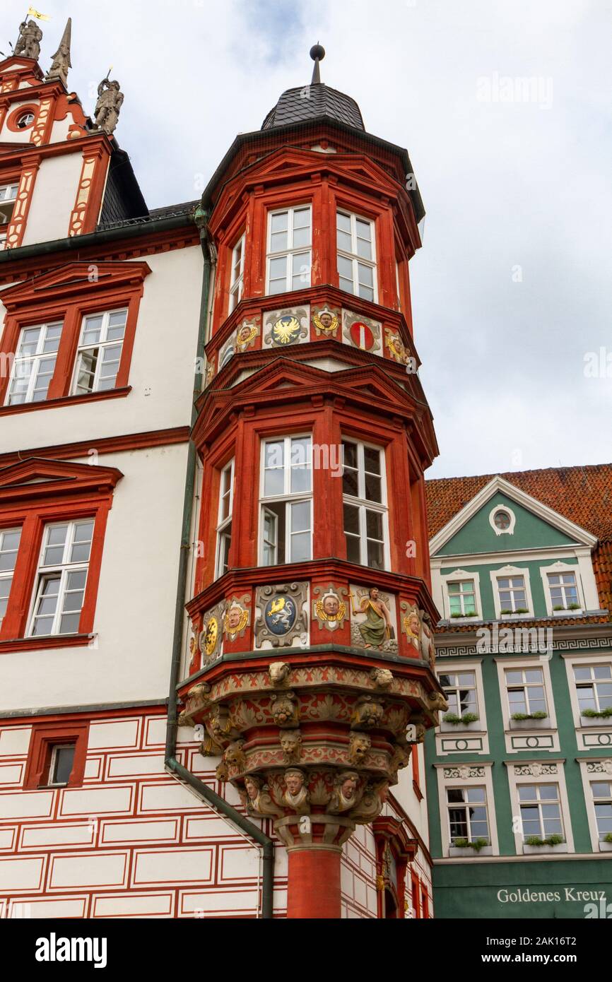 Corner alcove (gossip room?) on the Stadthaus in Coburg, Bavaria, Germany. Stock Photo