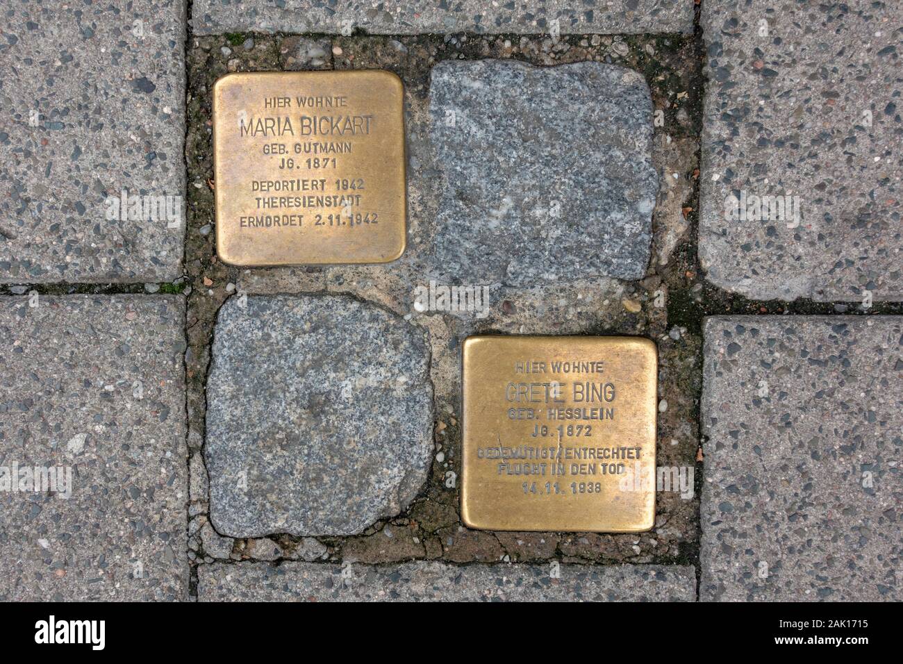 'Stumbling stones' Holocaust memorial markers for Maria Bickart and Grete Bing in Coburg, Bavaria, Germany. Stock Photo
