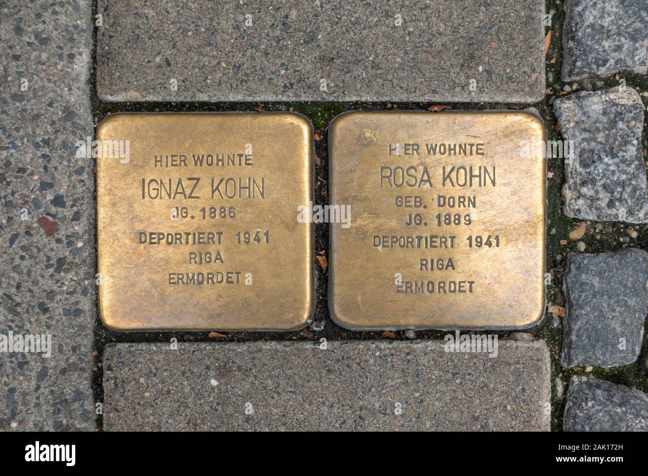 'Stumbling stones' Holocaust memorial markers for Ignaz Kohn and Rosa Kohn in Coburg, Bavaria, Germany. Stock Photo