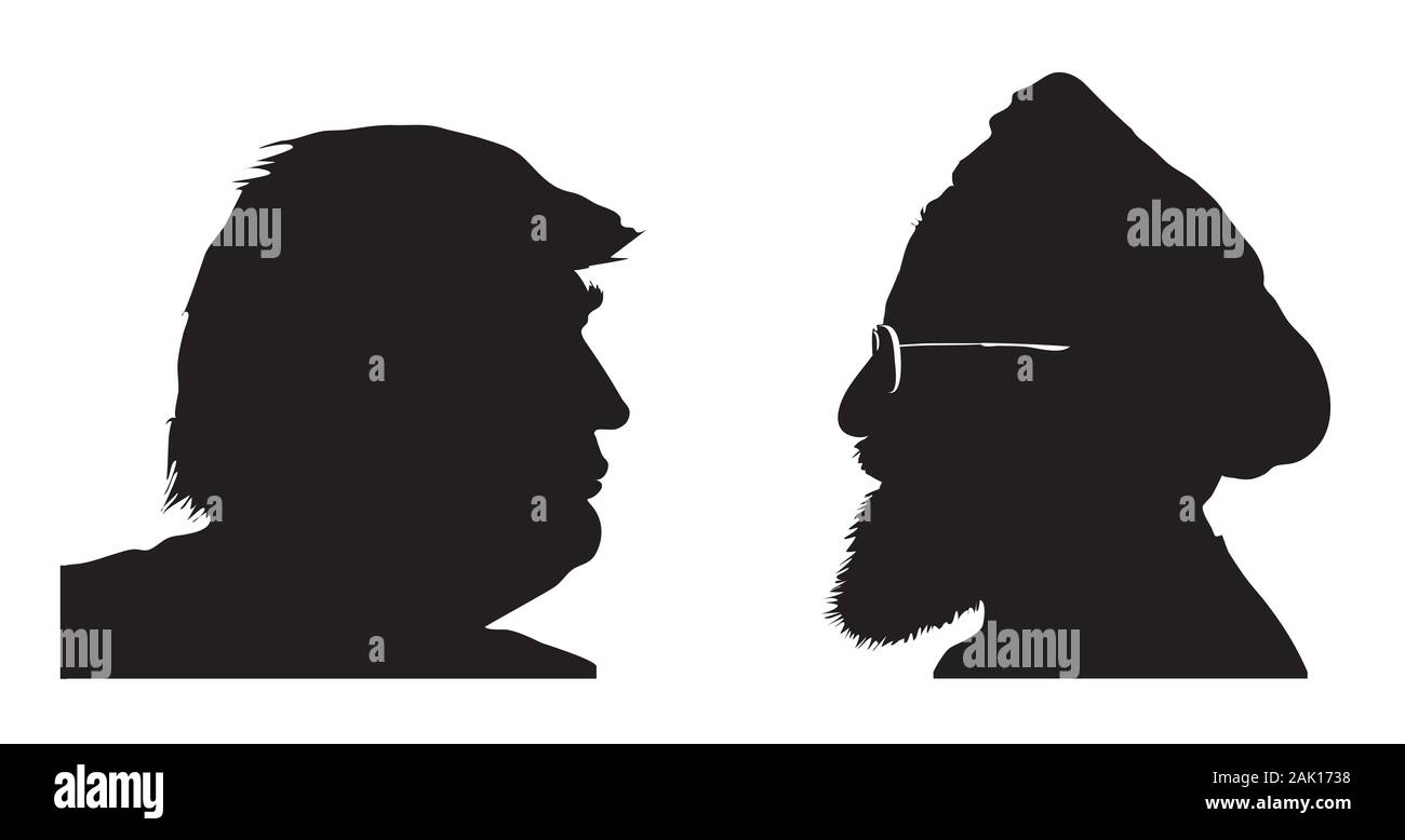 Donald Trump vs. Hassan Rouhani. Silhouettes of leaders of the United States and Iran. Illustrative for US-Iran tensions. Stock Photo