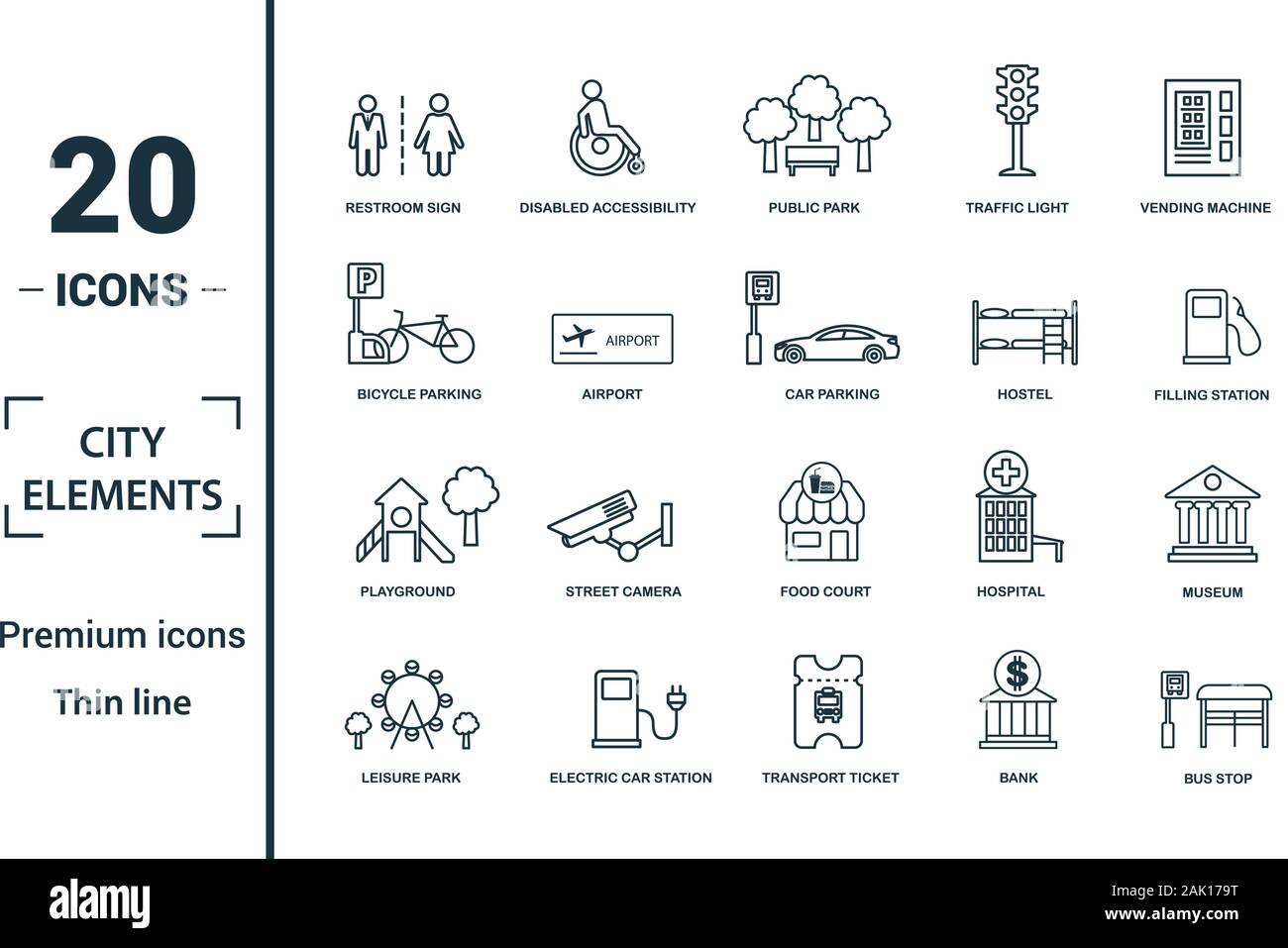 City Elements icon set. Include creative elements restroom sign, public ...