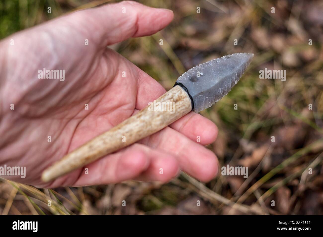 flint knife - stone age tool (leaf blade in deer antler) in hand Stock Photo