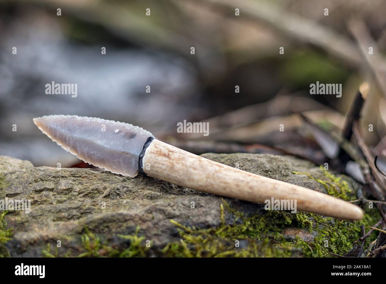 flint knife - stone age tool (leaf blade in deer antler) in nature Stock Photo