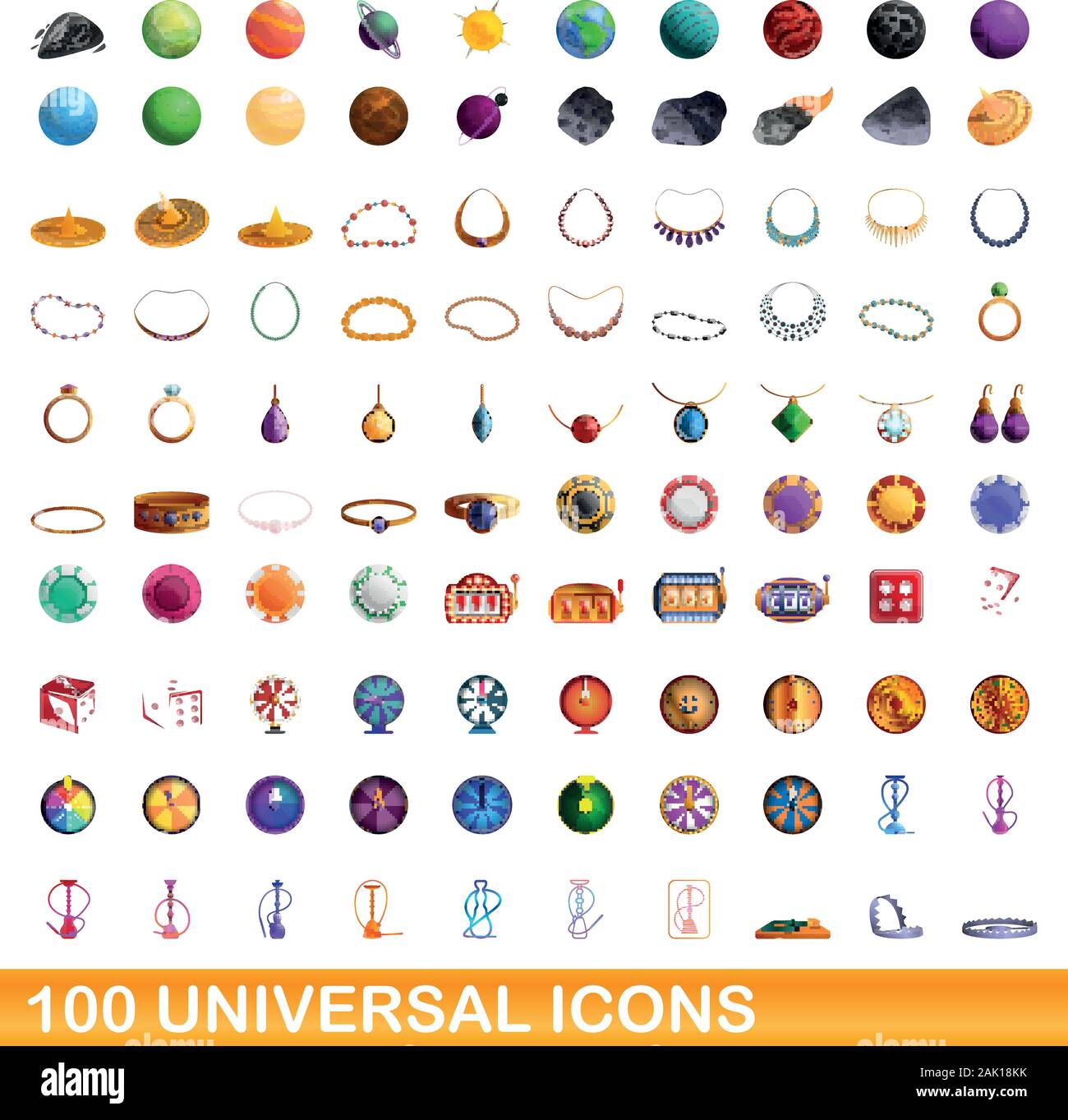 100 universal icons set. Cartoon illustration of 100 universal icons ...