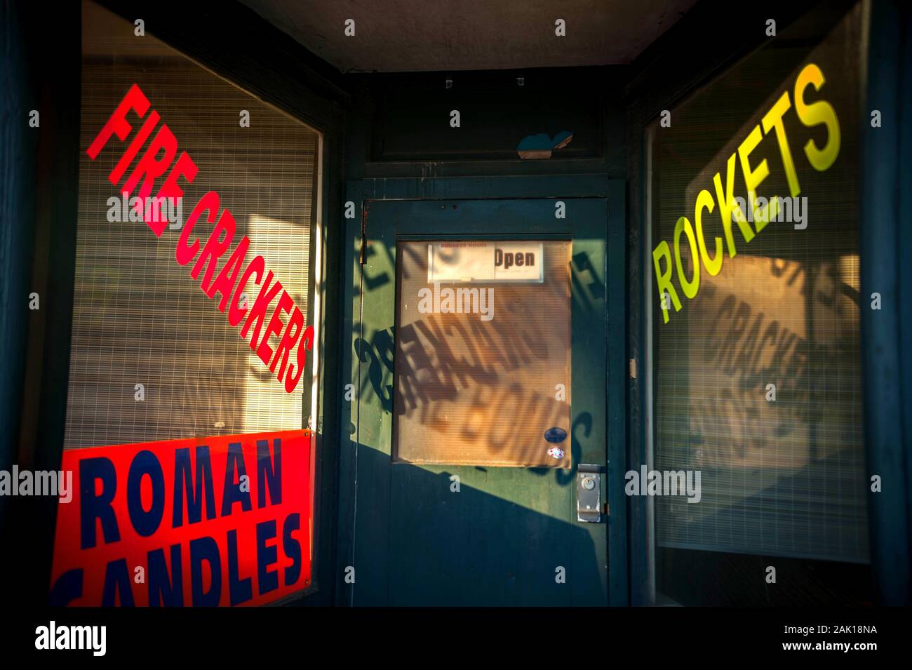 Sign for fire crackers, rockets, roman candles and fire bombs Stock