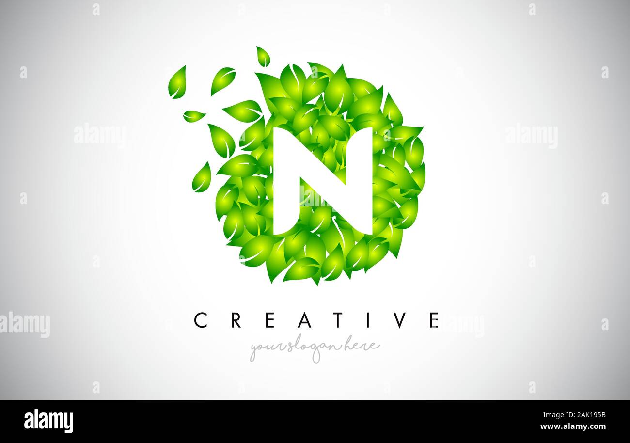 N Green Leaf Logo Design Eco Logo With Multiple Leafs Blowing in the ...