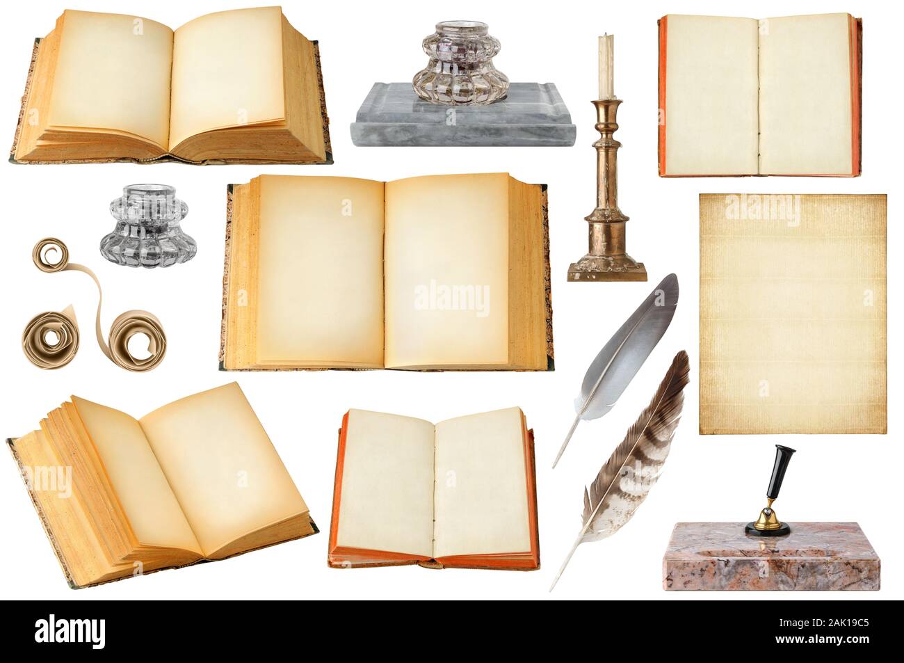 Isolated vintage writing objects. Collection of open old books with copy space, blank sheet of paper, scrolls, inkwells, quills and candlestick isolat Stock Photo