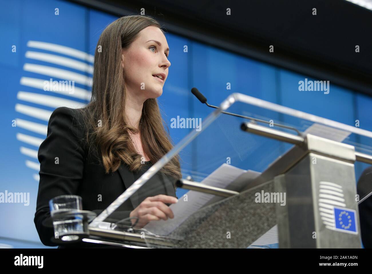Brussels, Belgium. 14th Dec, 2019. Sanna Marin, Finnish Prime Minister speaks at a press conference after the European Council, EU Leaders Summit meeting in Brussels. Credit: Nik Oiko/SOPA Images/ZUMA Wire/Alamy Live News Stock Photo