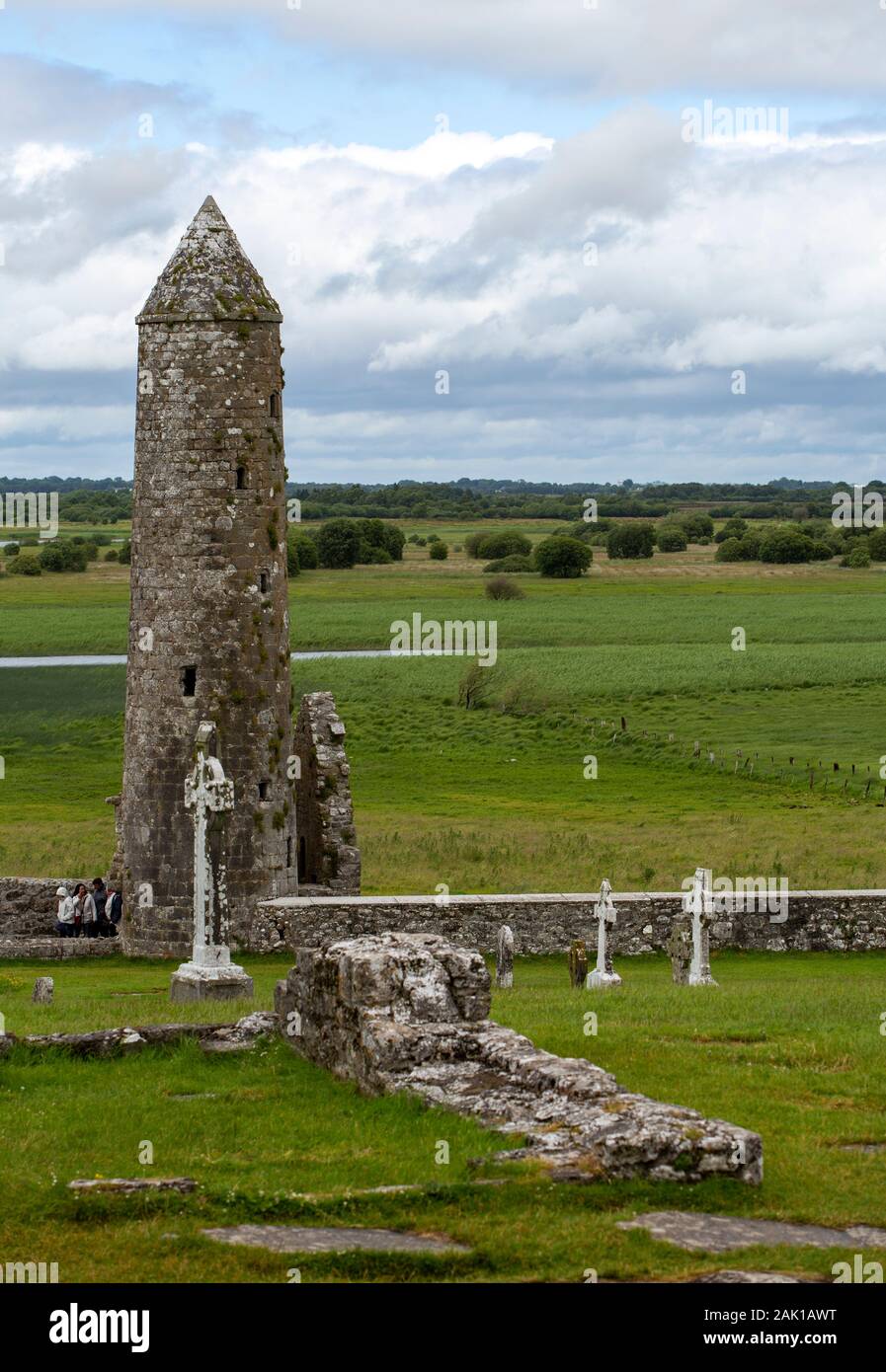 Archaeological site of Clonmacnoise in Ireland with a cathedral ...