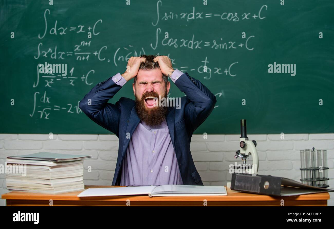 Oh no. Bearded man pull hair out in anger. School teacher feel anger. Anger management. Flash of