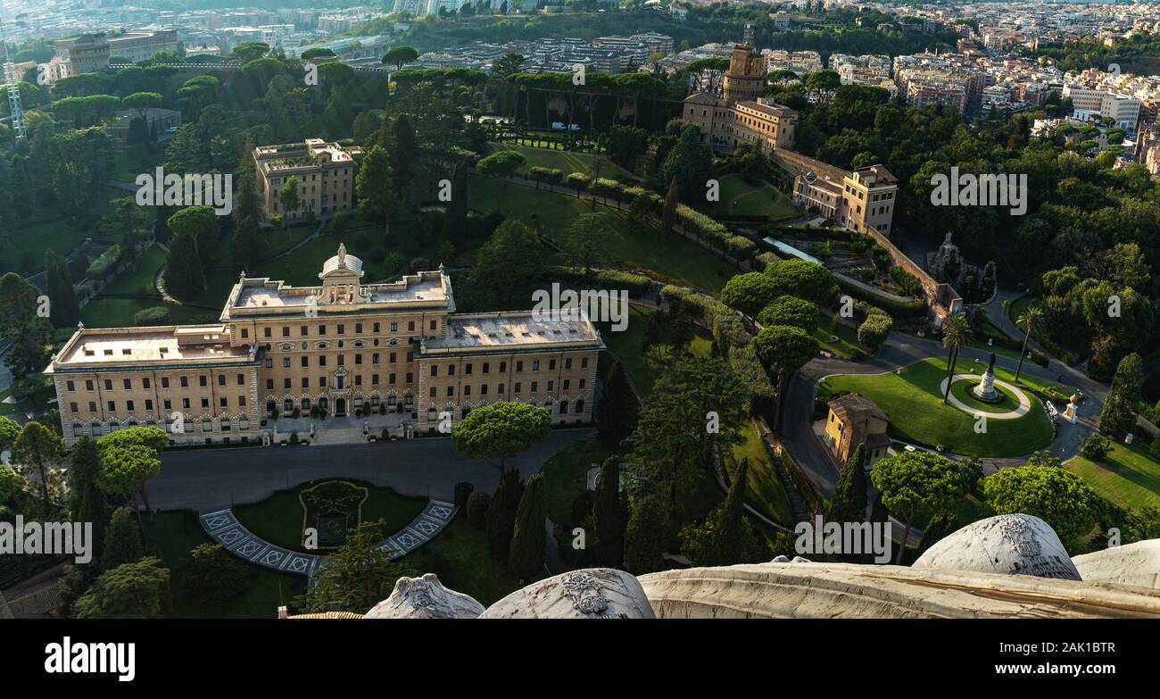 Beautiful view from the dome of Saint Peter's Basilica of Vatican on the gardens of Vatican. The Gardens of Vatican City or Vatican Gardens. Stock Photo