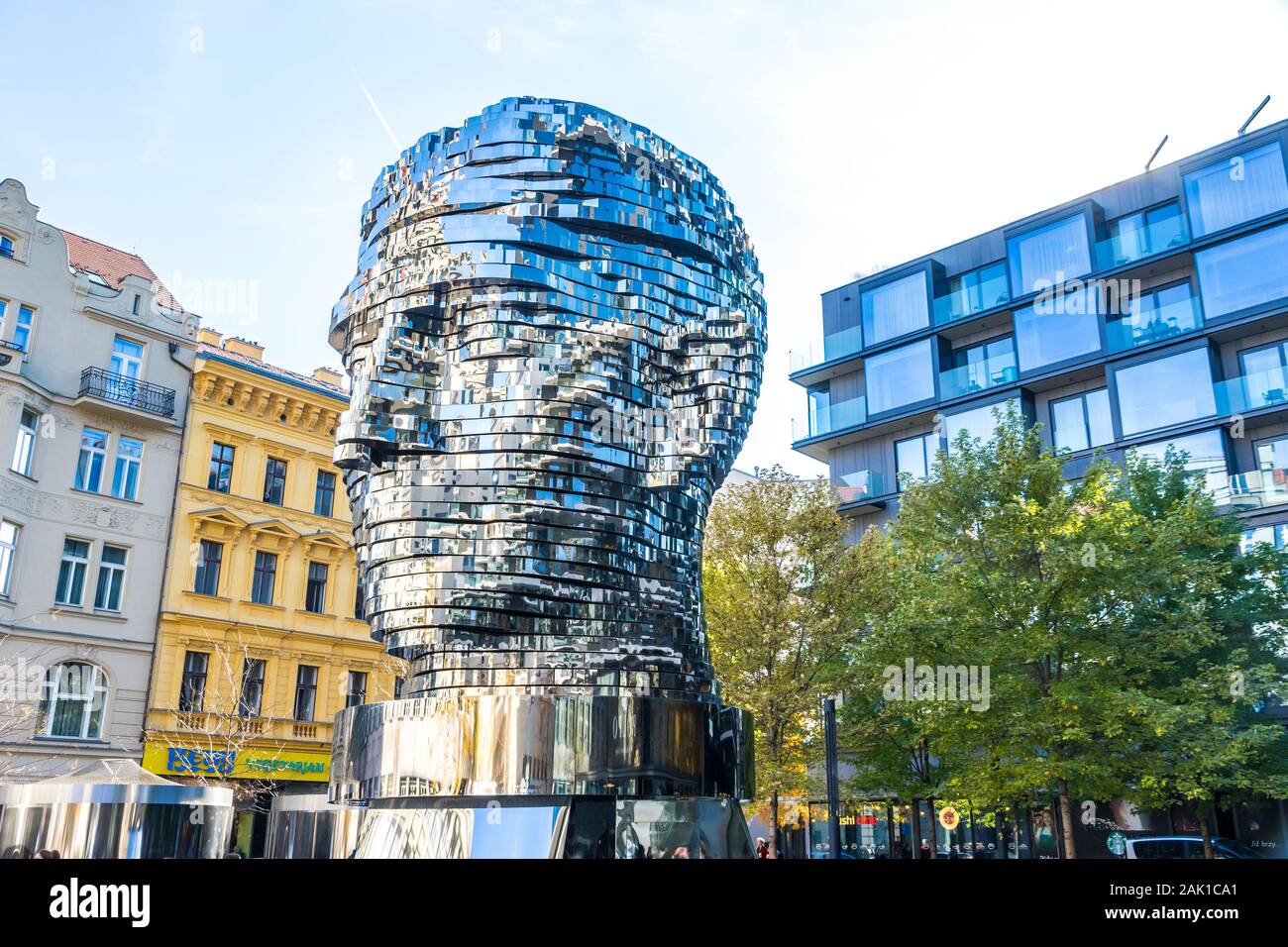 Prague, Czech Republic - October 26, 2019: The Head of Franz Kafka, also known as the Statue of Kafka. Outdoor sculpture by artist David Cerny, situat Stock Photo