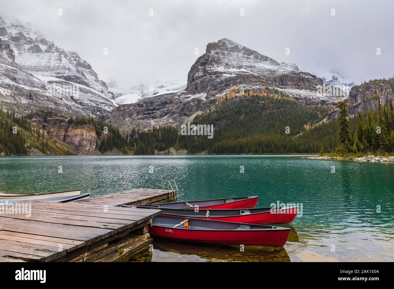 Canoes of Lake O'Hara Lodge in September in Yoho National Park, British