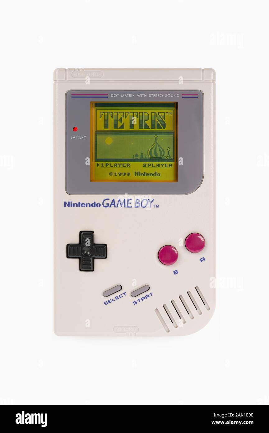 The introductory screen of the game Tetris as seen on a 1989 Nintendo Game Boy shot on a white background. Stock Photo