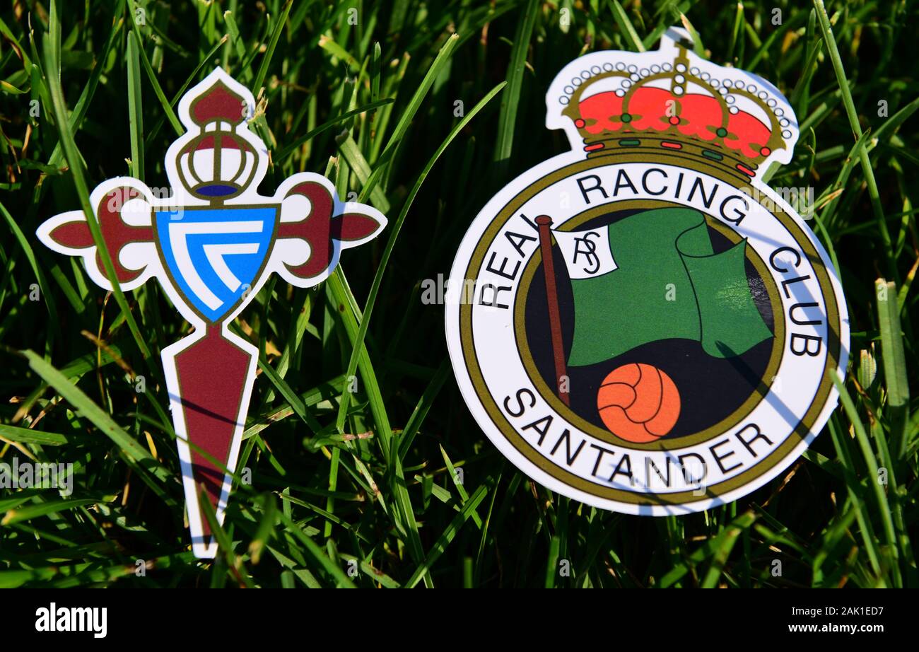 September 6, 2019, Madrid, Spain. Emblems of Spanish football clubs Real Racing de Santander and Celta Vigo on the green grass of the lawn. Stock Photo