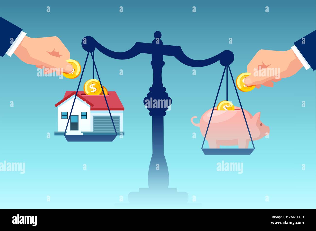 Vector of scales with a house and piggy bank. Cost of real estate ownership concept Stock Vector