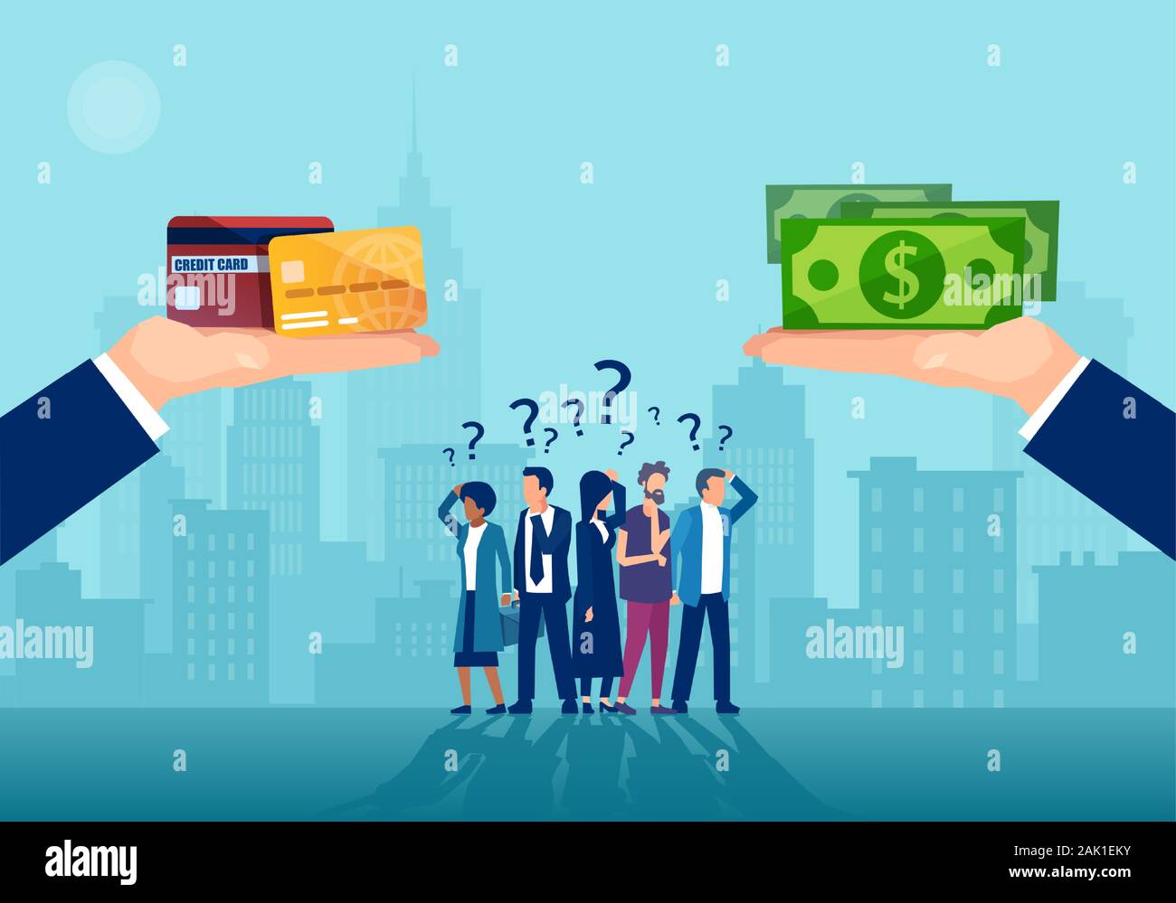 Vector of confused group of people being offered cash and cashless method of payment Stock Vector