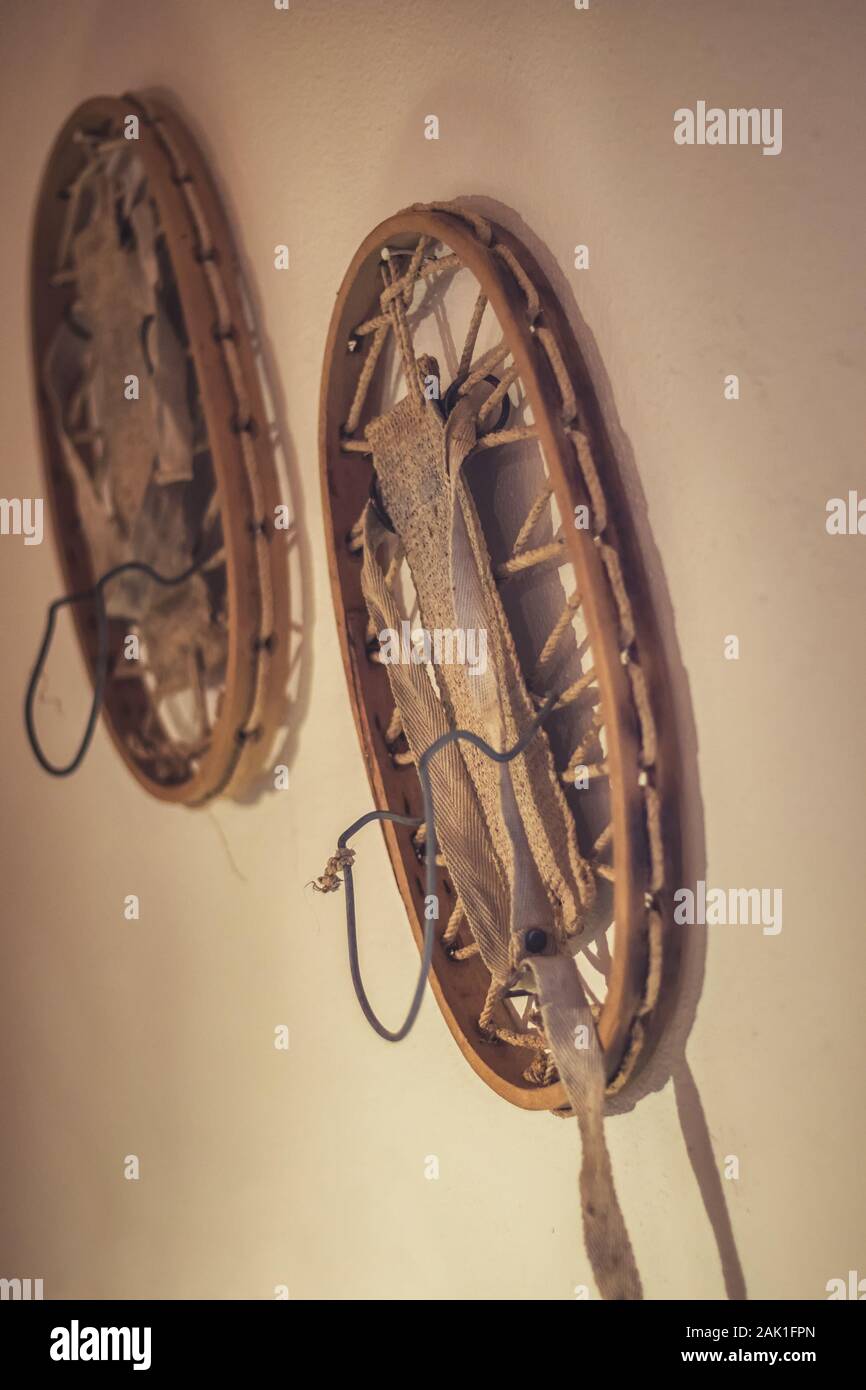 historic snowshoes hanging on the wall (Kvilda museum, Czech republic) Stock Photo