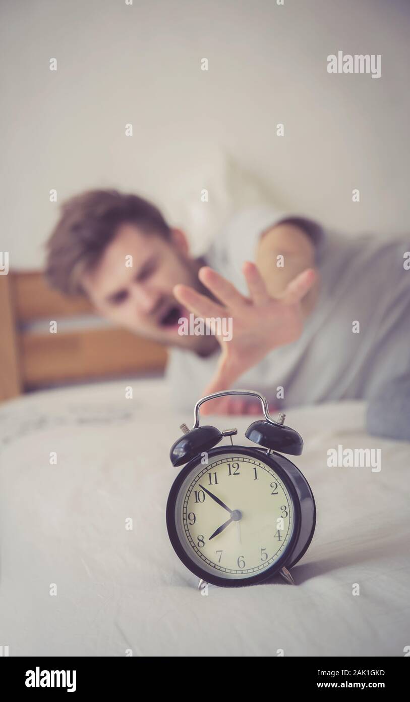Man Sleepy Nationality American Reaching For The Alarm Clock Sleeping