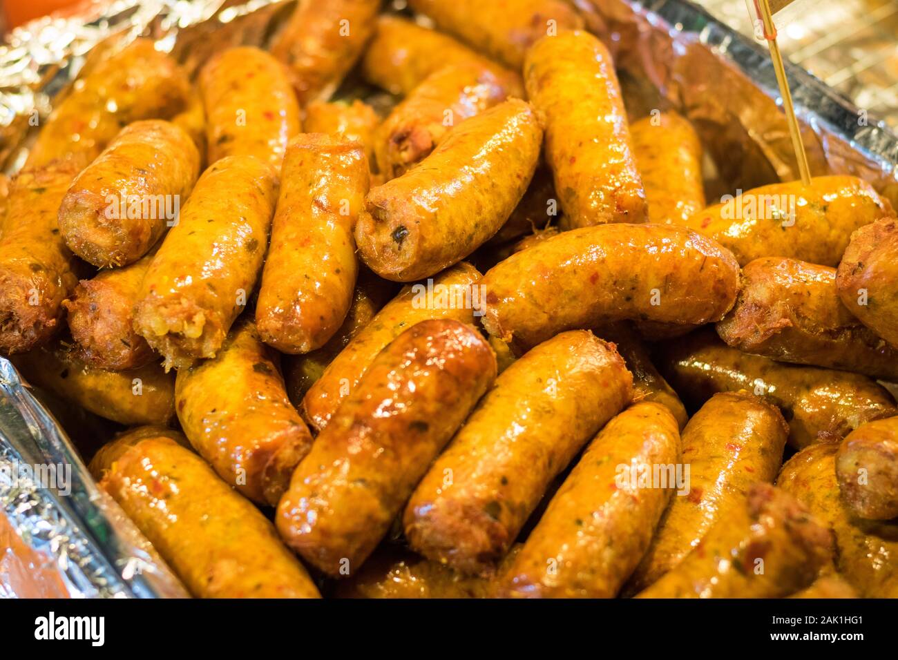 Thai sausages in the city market of Chiang Mai Stock Photo