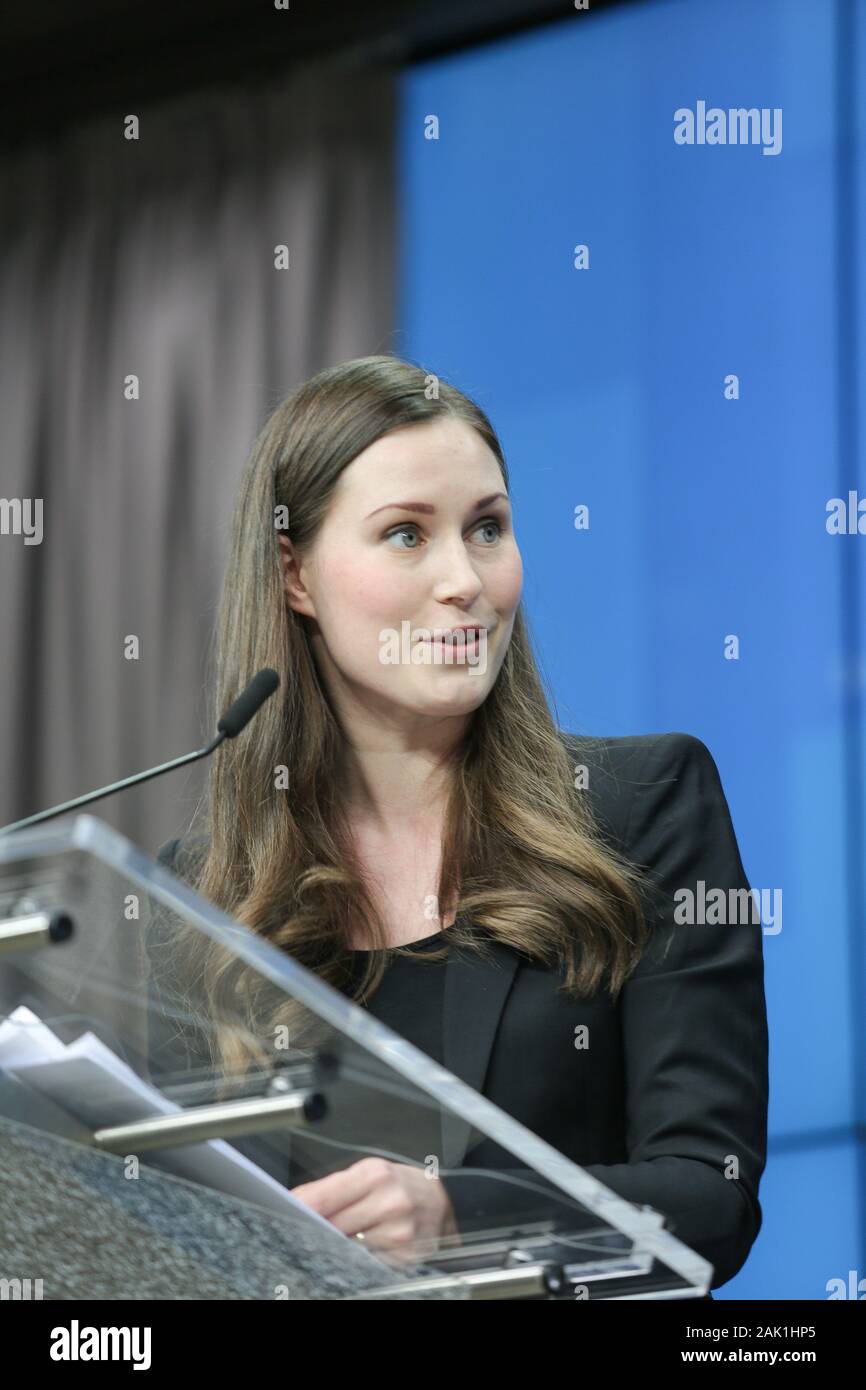 Sanna Marin, Finnish Prime Minister speaks at a press conference after the European Council, EU Leaders Summit meeting in Brussels. Stock Photo