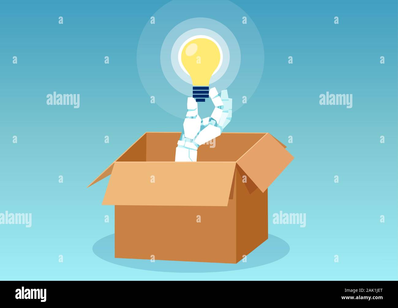 Vector of a robot sticking hand with light bulb out of the box Stock Vector