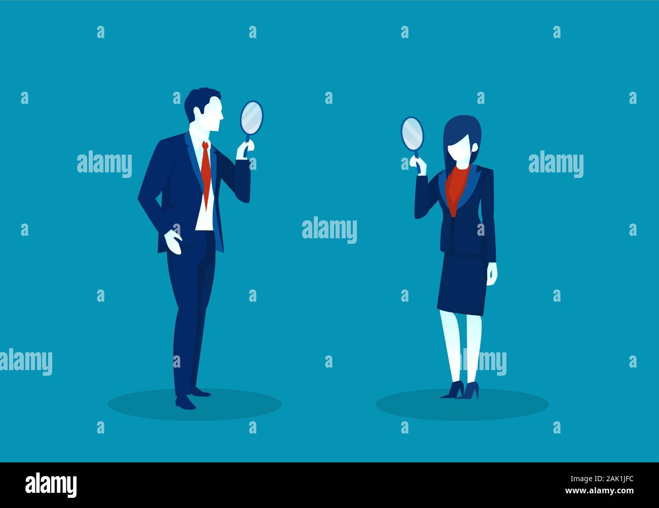 Vector of a businessman and businesswoman looking at each other through magnifying glasses. Stock Vector