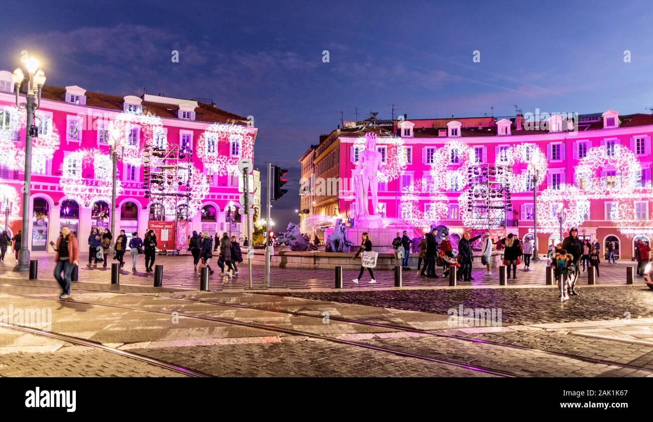 Place Massena Square at Night Nice France Stock Photo